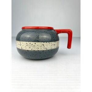 Main and Local Curling Rock Stone Coffee Mug Grey Speckled Ceramic Red Handle